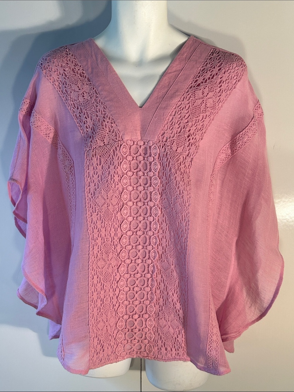 Chico's SZS/M Pink Linen Top Cotton Crochet Lace Trim Resort Boho Cover Up Comfy